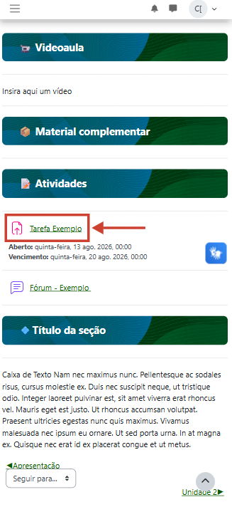 Tela mostrando a tela inicial do curso com uma seta indicando a atividade Tarefa Exemplo
