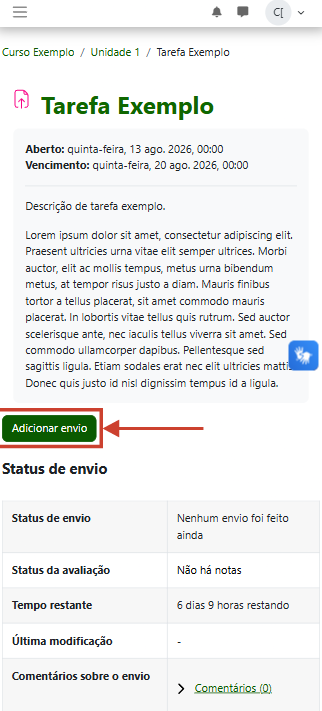 Tela mostrando a página da tarefa exibindo a descrição da tarefa e uma seta indicando o botão em destaque Adicionar envio