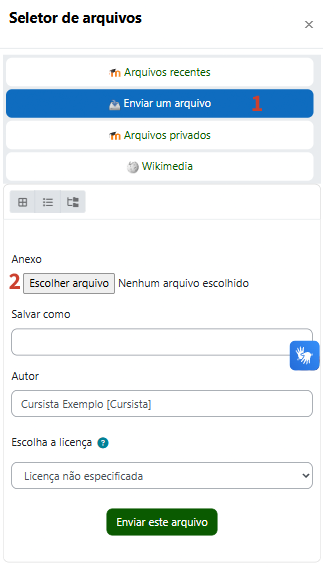 Tela mostrando a janela do seletor de arquivo antes de selecionar o arquivo