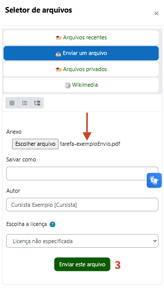 Tela mostrando a janela do seletor de arquivo depois do arquivo selecionado