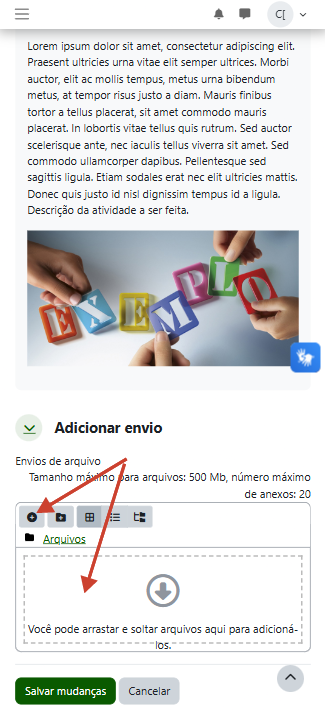 Tela mostrando 2 setas indicando as áreas de anexar arquivo para envio