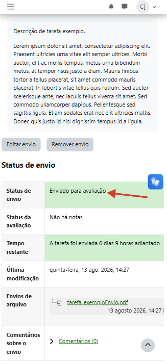 Tela mostrando o status do envio com uma seta indicando a mensagem Enviado para avaliação