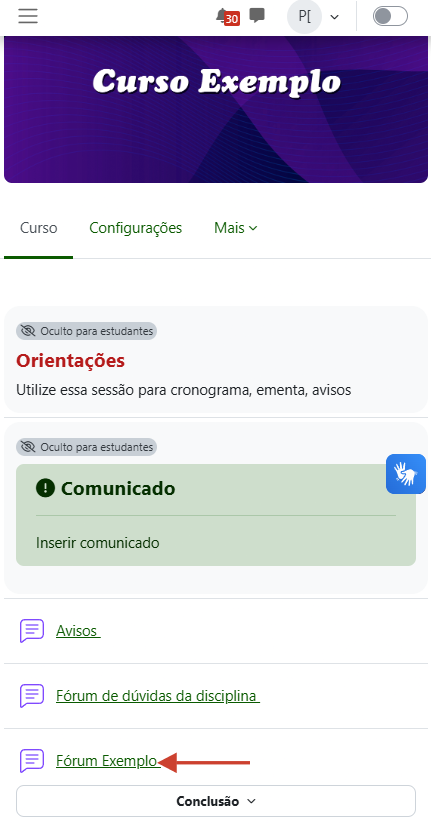 Tela mostrando página inicial do curso com uma seta apontando para fórum
