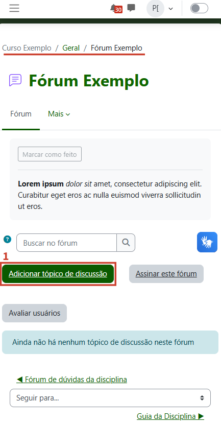 Tela mostrando página inicial de um fórum com o botão para criar tópico destacado