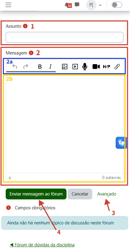 Tela mostrando as seções da criação de tópico