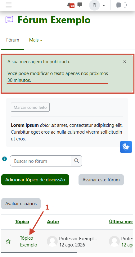 Tela mostrando confirmação de tópico publicado e a lista de tópicos
