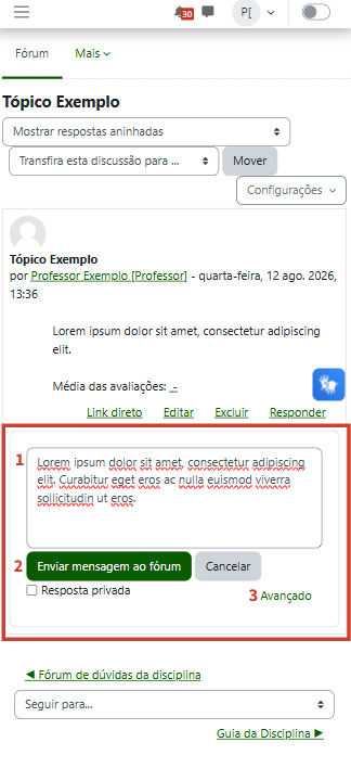 Caixa de texto de resposta e botão Enviar mensagem ao fórum