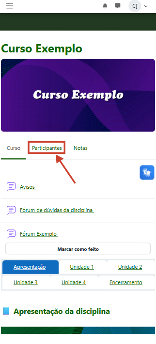 Tela mostrando a página inicial do curso com uma seta e destaque marcando a seção de participantes.