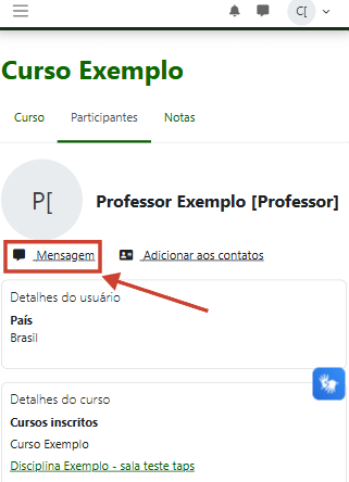 Tela mostrando o perfil de um participante com uma seta apontando e destaque selecionando o botão de mensagem.
