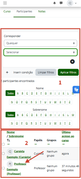 Tela mostrando a página de participantes com as seções de filtros e lista em destaque