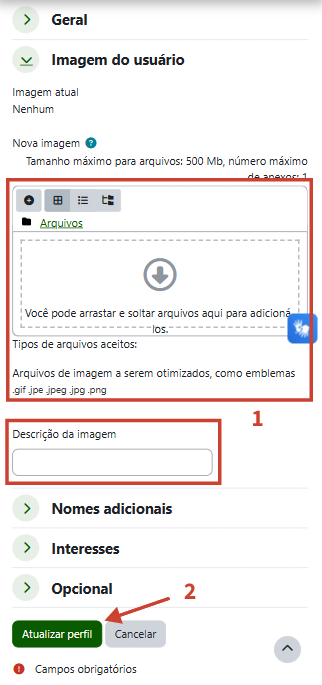Seção de Imagem do usuário com destaque para área de anexar arquivos e botão Atualizar perfil