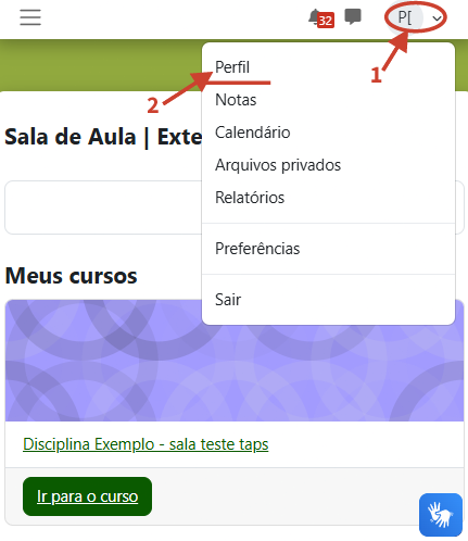 Tela inicial com destaque para o menu no canto superior direito