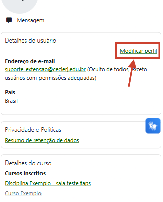 Tela de perfil com destaque e uma seta apontando para o botão de Modificar perfil