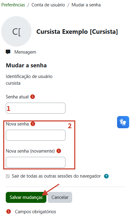 Seção de Imagem do usuário com destaque para área de Mudar a senha e botão Salvar Mudança