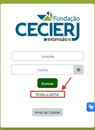 Tela mostrando a página de acesso inicial com uma seta e destaque marcando o link 'Perdeu a senha?'