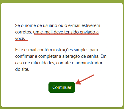 Tela mostrando a confirmação de envio de email de recuperação