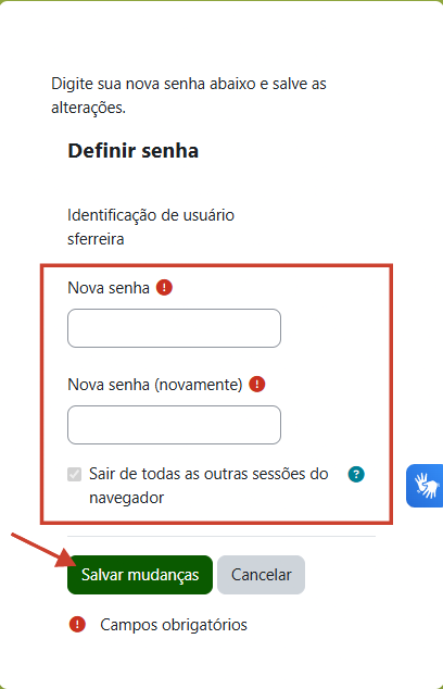 Tela mostrando o campo para definir nova senha