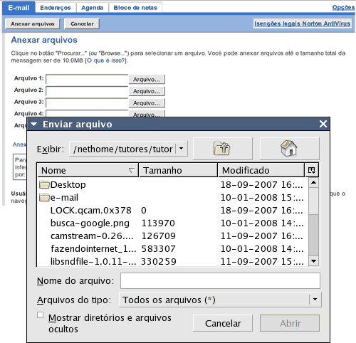 Webmail do Yahoo - Anexando um arquivo.