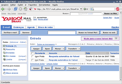 Tela do webmail do Yahoo