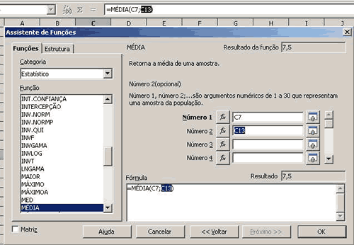 Caixa de diálogo da função média