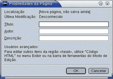 Tela de propriedades da página
